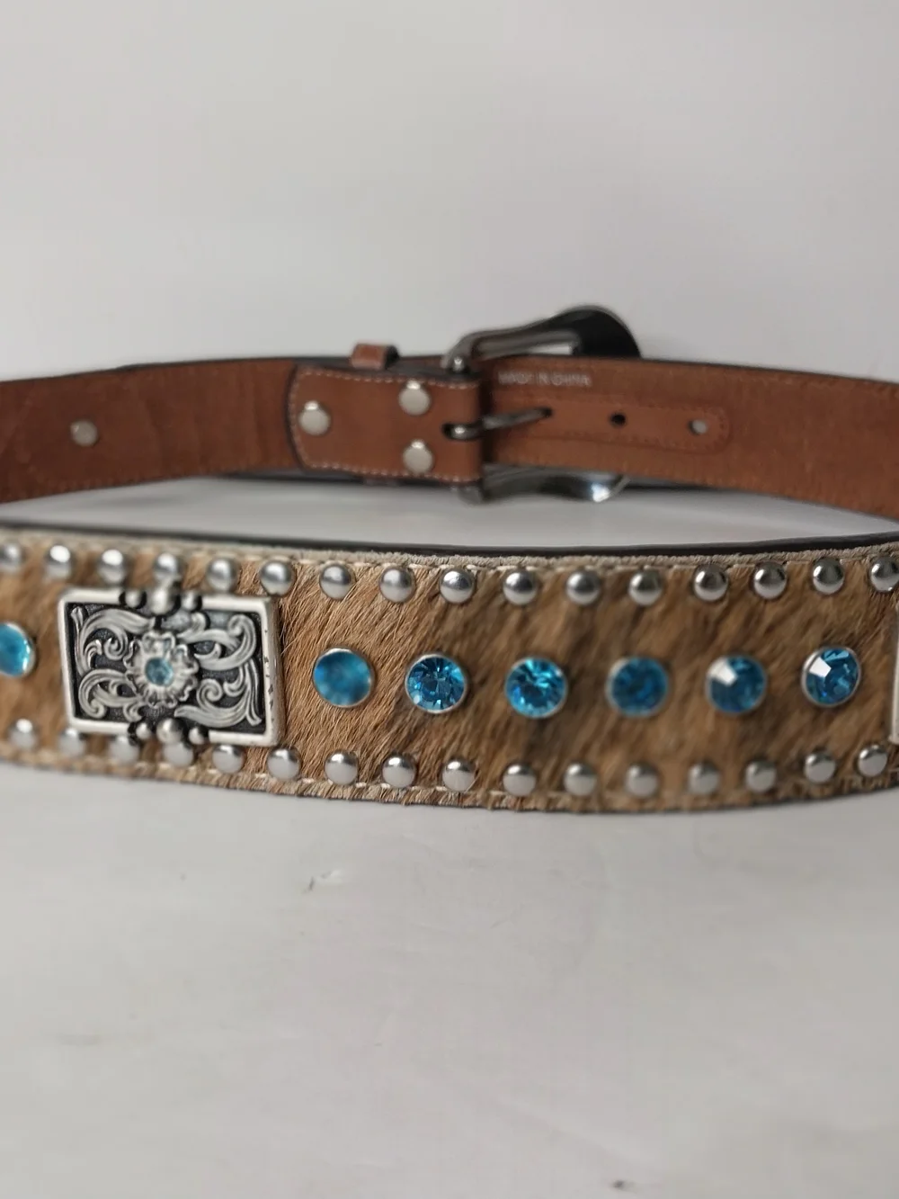 NOCONA Brown Haircalf Belt with Blue Crystal Accents Size 34 .